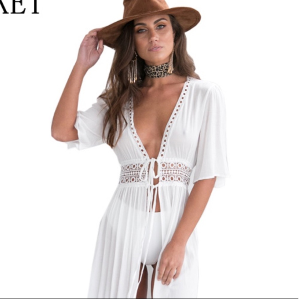 Boho beach dress coverup white crochet kimono top - Picture 4 of 7